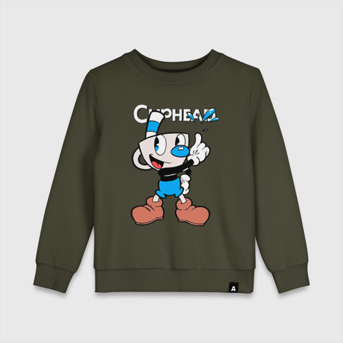 Детский свитшот хлопок Синяя чашка Cuphead, цвет хаки