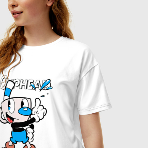 Женская футболка хлопок Oversize Синяя чашка Cuphead, цвет белый - фото 3