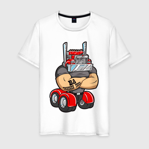 Мужская футболка из хлопка с принтом Дальнобойщик голова - грузовик, вид спереди №1