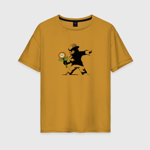 Женская футболка хлопок Oversize Banksy Mario, цвет горчичный
