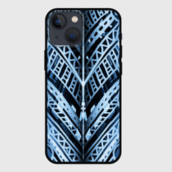 Чехол для iPhone 13 mini Неоновый узор. Абстракция. Голубой и синий цвет на черном фоне
