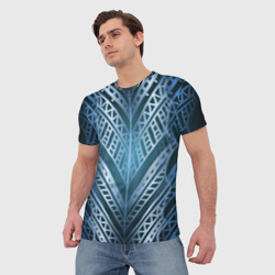 Мужская футболка 3D Неоновый абстрактный узор. Синий и голубой неон на темном фоне - фото 2