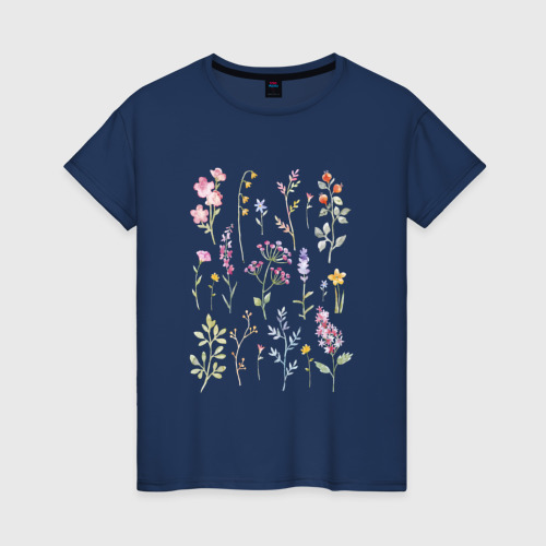 Женская футболка хлопок Акварельный рисунок растений, цвет темно-синий