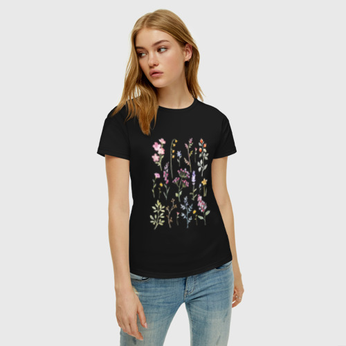 Женская футболка хлопок Акварельный рисунок растений, цвет черный - фото 3