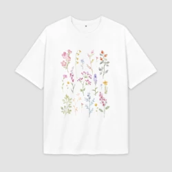 Женская футболка Oversize хлопок premium Акварельный рисунок растений