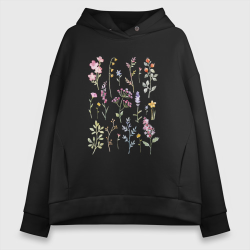 Женское худи Oversize хлопок Акварельный рисунок растений, цвет черный