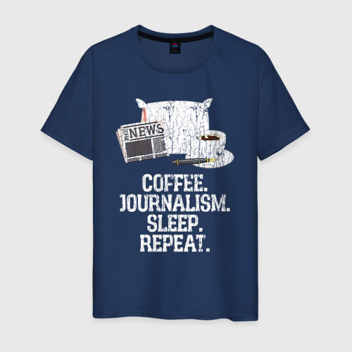 Мужская футболка из хлопка с принтом Кофе. Журналистика. Спать. Повторить, вид спереди №1