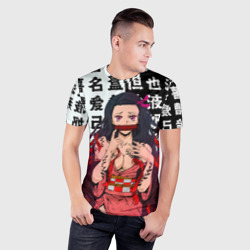 Мужская футболка 3D Slim Незуко тян Ahegao Клинок рассекающий демонов иероглифы - фото 2
