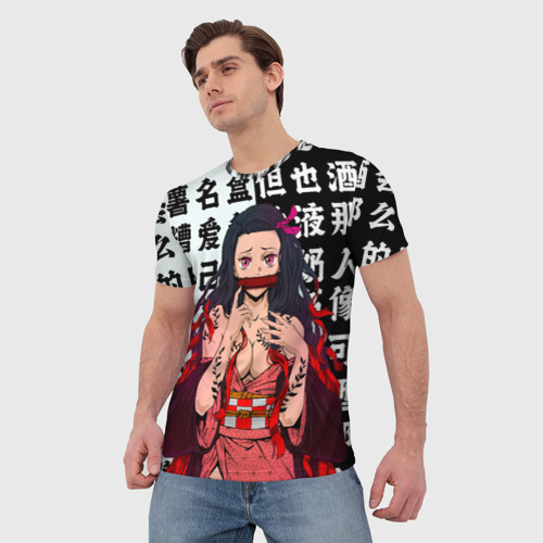 Мужская футболка 3D с принтом Незуко тян Ahegao Клинок рассекающий демонов иероглифы, фото на моделе #1