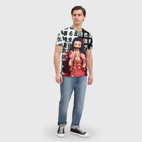 Мужская футболка 3D с принтом Незуко тян Ahegao Клинок рассекающий демонов иероглифы, вид сбоку #3