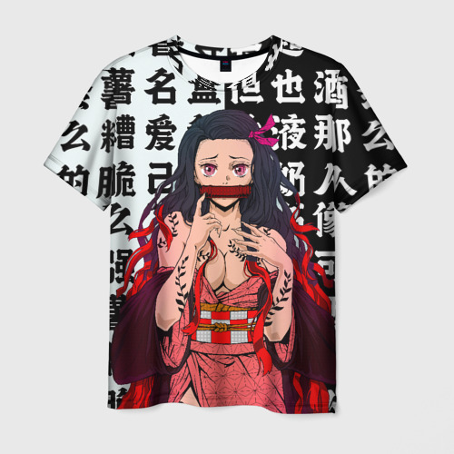 Мужская футболка 3D с принтом Незуко тян Ahegao Клинок рассекающий демонов иероглифы, вид спереди #2