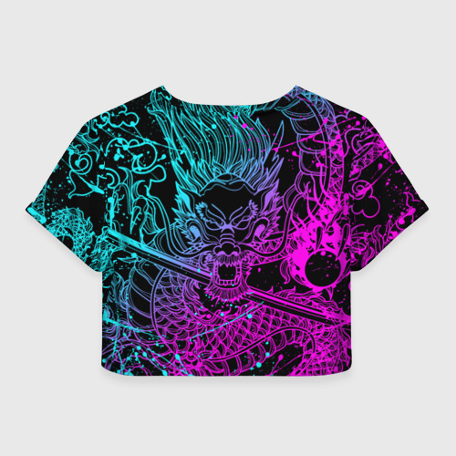 Женская футболка Crop-top 3D Неоновые драконы neon dragon брызги красок, цвет 3D печать - фото 2