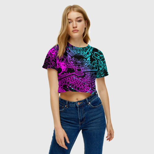 Женская футболка Crop-top 3D Неоновые драконы neon dragon брызги красок, цвет 3D печать - фото 3