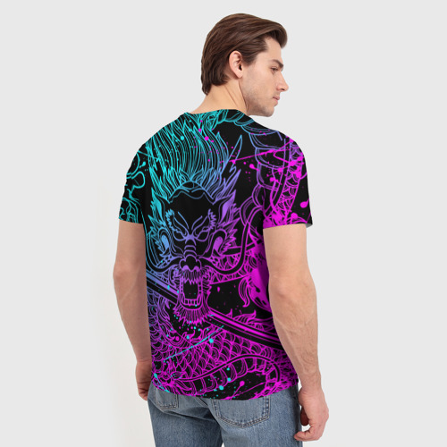 Мужская футболка 3D с принтом НЕОНОВЫЕ ДРАКОНЫ / NEON DRAGON | БРЫЗГИ КРАСОК, вид сзади #2