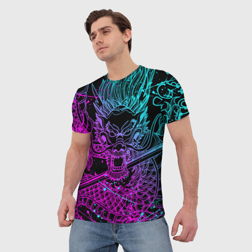 Мужская футболка 3D с принтом НЕОНОВЫЕ ДРАКОНЫ / NEON DRAGON | БРЫЗГИ КРАСОК, фото на моделе #1