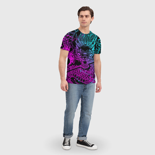 Мужская футболка 3D с принтом НЕОНОВЫЕ ДРАКОНЫ / NEON DRAGON | БРЫЗГИ КРАСОК, вид сбоку #3