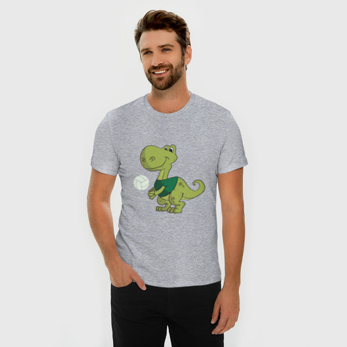 Мужская футболка хлопок Slim с принтом Volleyball Dinosaur, фото на моделе #1