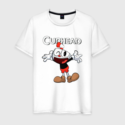 Мужская футболка из хлопка с принтом Веселая красная чашечка, вид спереди №1