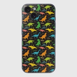 Чехол для iPhone 15 силиконовый с защитой камеры Разноцветные Динозавры