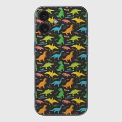 Чехол для iPhone 16 силиконовый с защитой камеры Разноцветные Динозавры