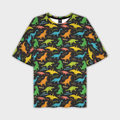 Мужская футболка оверсайз с принтом Разноцветные Динозавры, вид спереди №1