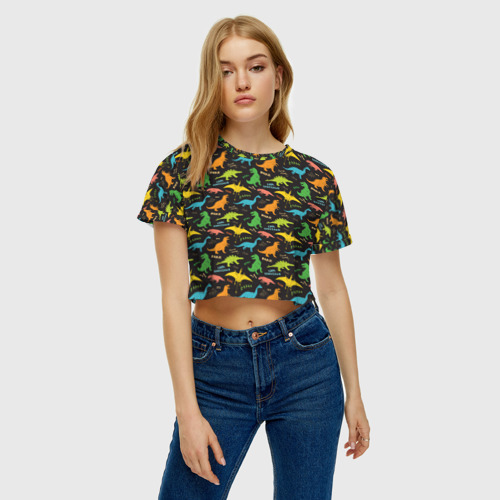 Женская футболка Crop-top 3D Разноцветные Динозавры, цвет 3D печать - фото 3