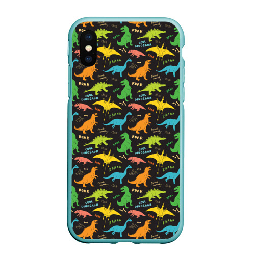 Чехол для iPhone XS Max матовый Разноцветные Динозавры, цвет мятный