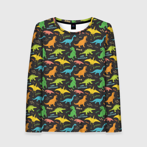 Женский лонгслив с принтом Разноцветные Динозавры, вид спереди №1