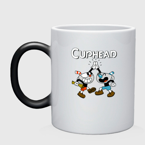 Кружка хамелеон Cuphead  веселые чашечки, цвет белый + черный