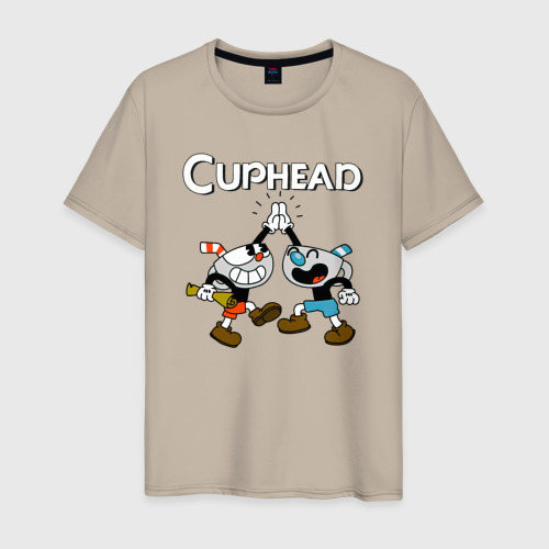 Мужская футболка хлопок Cuphead  веселые чашечки, цвет миндальный