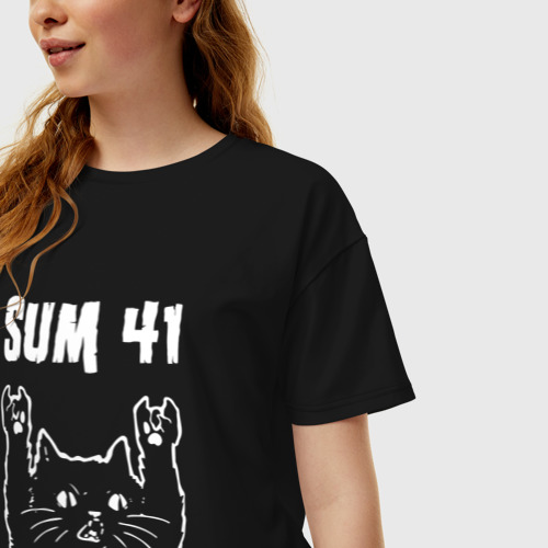 Женская футболка хлопок Oversize Sum41 рок кот, цвет черный - фото 3