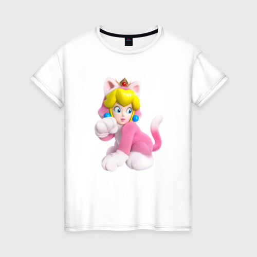 Женская футболка хлопок с принтом Принцесса Персик - кошка Super Mario 3D Land, вид спереди #2