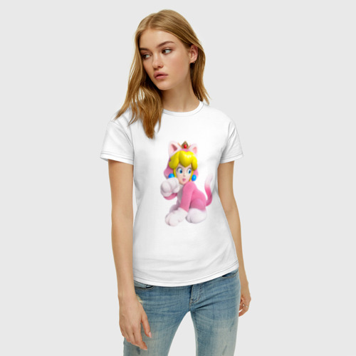 Женская футболка хлопок с принтом Принцесса Персик - кошка Super Mario 3D Land, фото на моделе #1