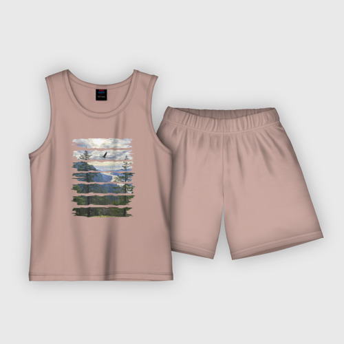 Детская пижама с шортами хлопок Горы, небо и птицы, цвет пыльно-розовый