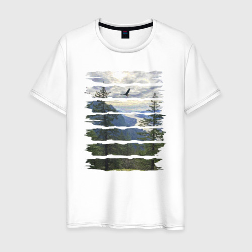 Мужская футболка из хлопка с принтом Горы, небо и птицы, вид спереди №1