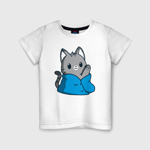 Детская футболка хлопок Кот в одеяле, цвет белый