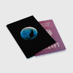 Обложка для паспорта матовая кожа Силуэт кота на фоне синей луны - фото 2
