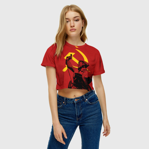 Женская футболка Crop-top 3D Советский солдат - Серп и молот, цвет 3D печать - фото 4