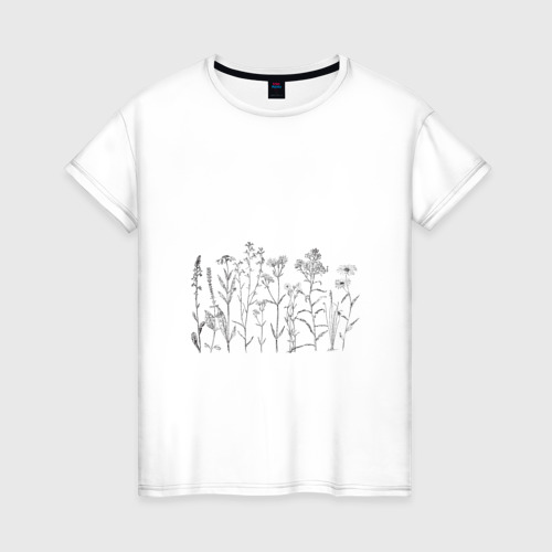 Женская футболка хлопок с принтом Минималистичная ботаническая иллюстрация растений, вид спереди #2