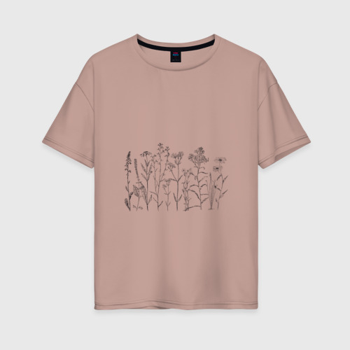 Женская футболка хлопок Oversize Минималистичная ботаническая иллюстрация растений, цвет пыльно-розовый