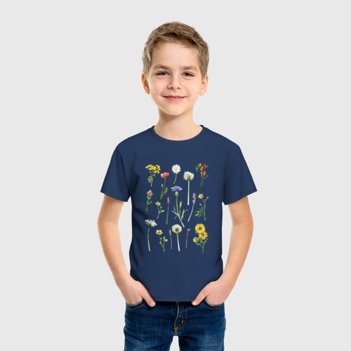 Детская футболка хлопок с принтом Акварельная иллюстрация полевых цветов, фото на моделе #1