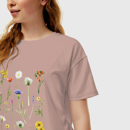 Женская футболка хлопок Oversize Акварельная иллюстрация полевых цветов, цвет пыльно-розовый - фото 3