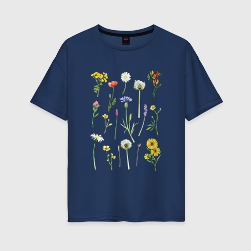 Женская футболка хлопок Oversize Акварельная иллюстрация полевых цветов, цвет темно-синий