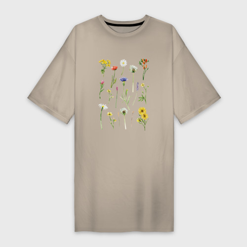 Платье-футболка хлопок Акварельная иллюстрация полевых цветов, цвет миндальный
