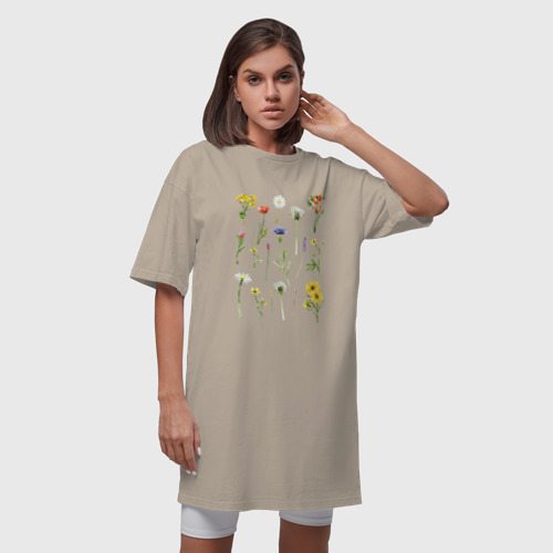 Платье-футболка хлопок Акварельная иллюстрация полевых цветов, цвет миндальный - фото 5