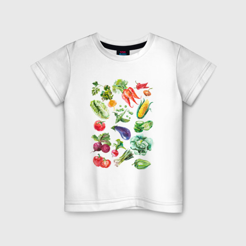 Детская футболка из хлопка с принтом Акварельная иллюстрация Овощи, вид спереди №1