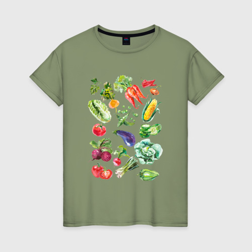 Женская футболка хлопок Акварельная иллюстрация Овощи, цвет авокадо