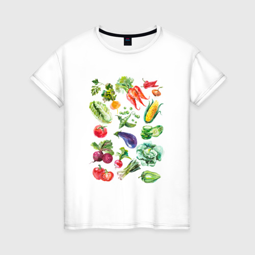 Женская футболка из хлопка с принтом Акварельная иллюстрация Овощи, вид спереди №1