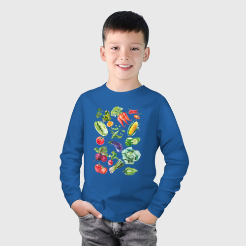 Детский лонгслив хлопок с принтом Акварельная иллюстрация Овощи, фото на моделе #1
