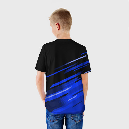Детская футболка 3D с принтом SCANIA ЧЕРНО СИНИЙ, вид сзади #2